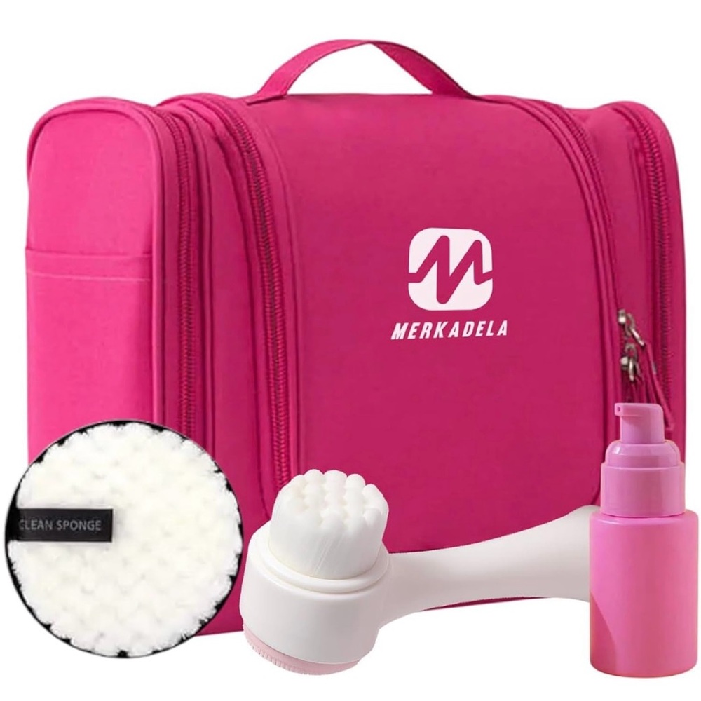 Pink Travel Cosmetic Bag with Brush and Bottle